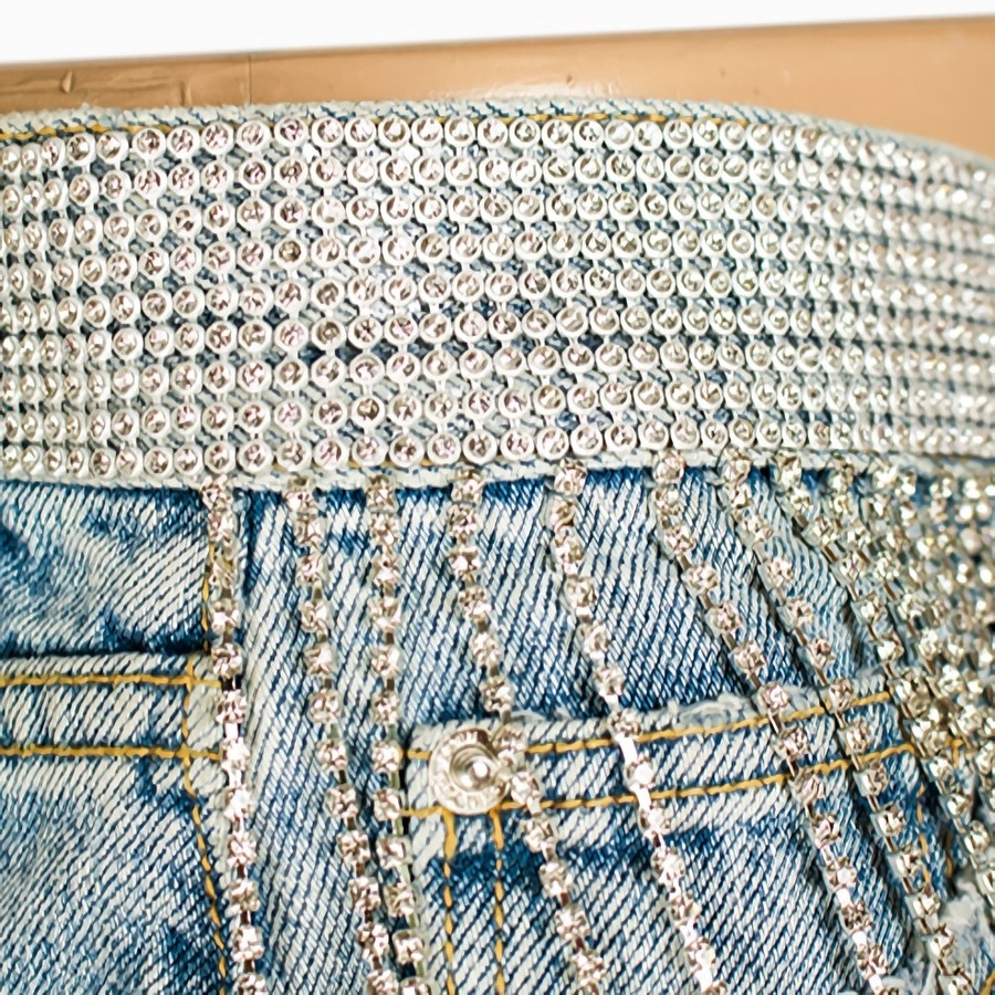 S-3Xl Plus Size Summer New Inelastic Rhinestone Tassel Pocket Zip-Up Button Stylish Denim Shorts