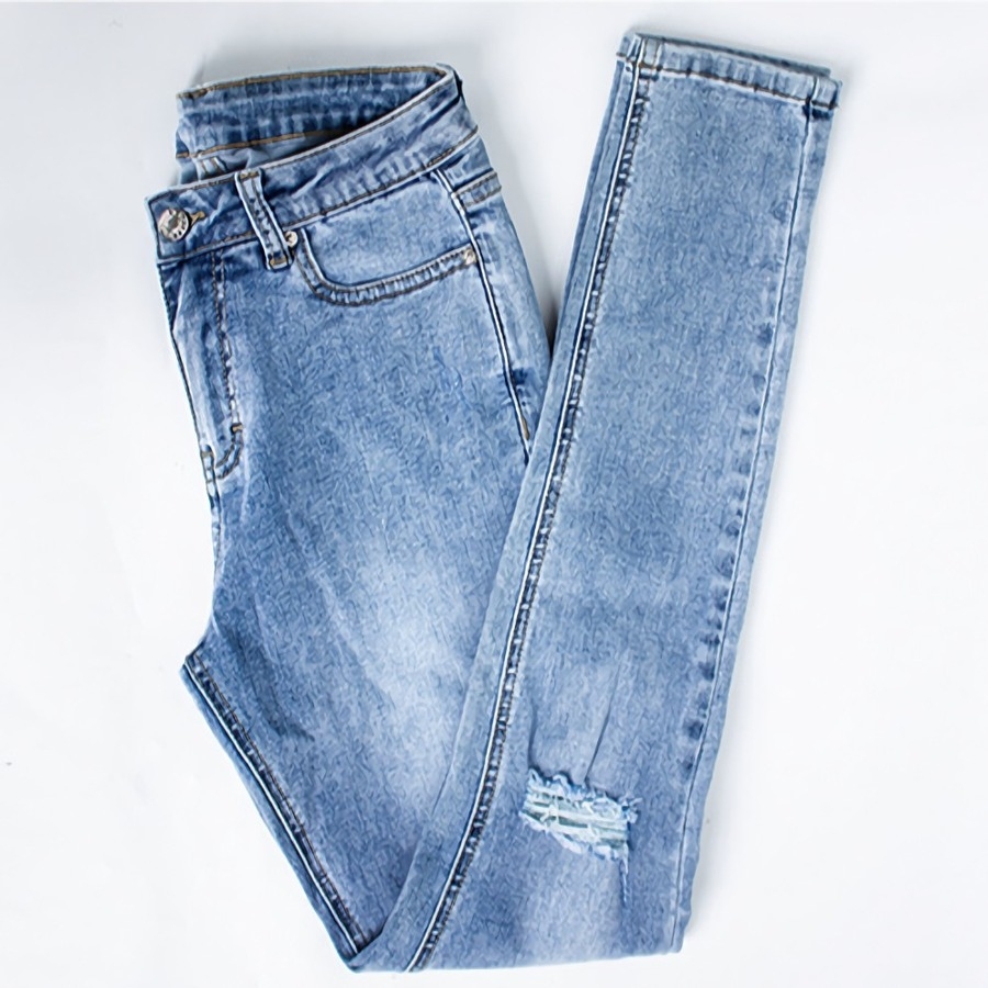 S-3Xl Plus Size Spring New Micro Elastic Hole Zip-Up Button Zip-Up Slim Fashion Denim Pants