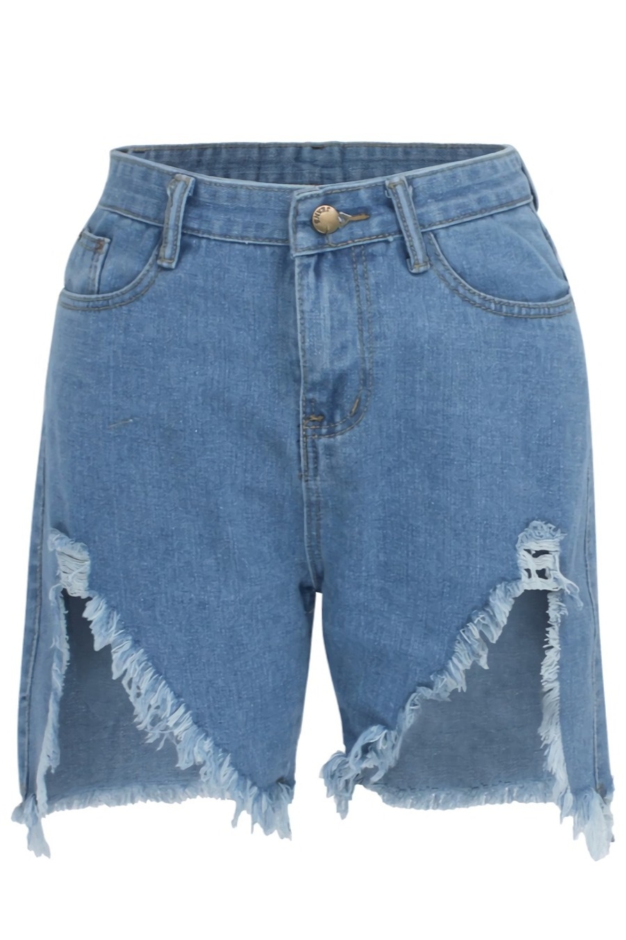 S-2Xl Summer New Plus Size Micro-Elastic High Waist Irregular Raw Hem Hole Pockets Button Zip-Up Stylish Denim Shorts