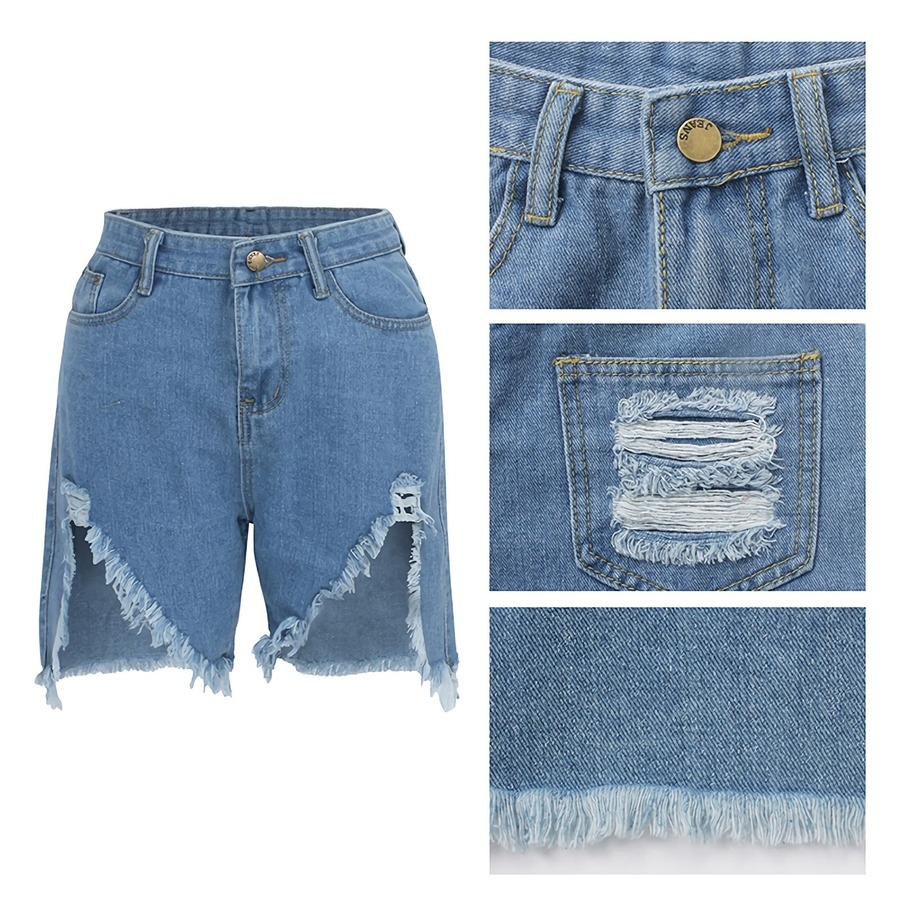 S-2Xl Summer New Plus Size Micro-Elastic High Waist Irregular Raw Hem Hole Pockets Button Zip-Up Stylish Denim Shorts
