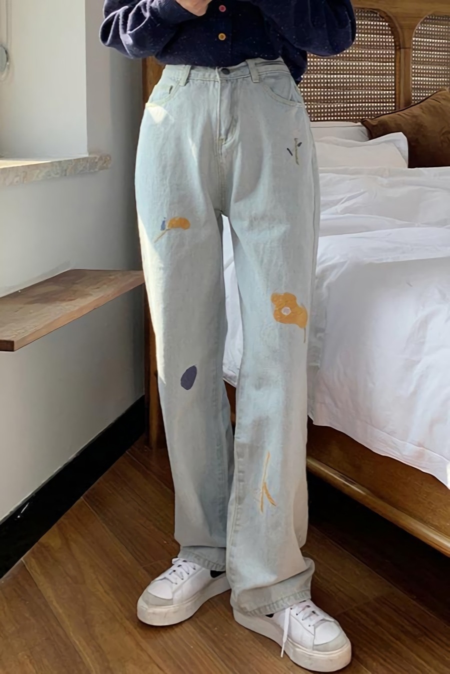 S-2Xl Spring New Micro-Elastic High-Waisted Flower Embroidered Button Pockets Straight Stylish Denim Jeans(Size Run Small) - Vougese