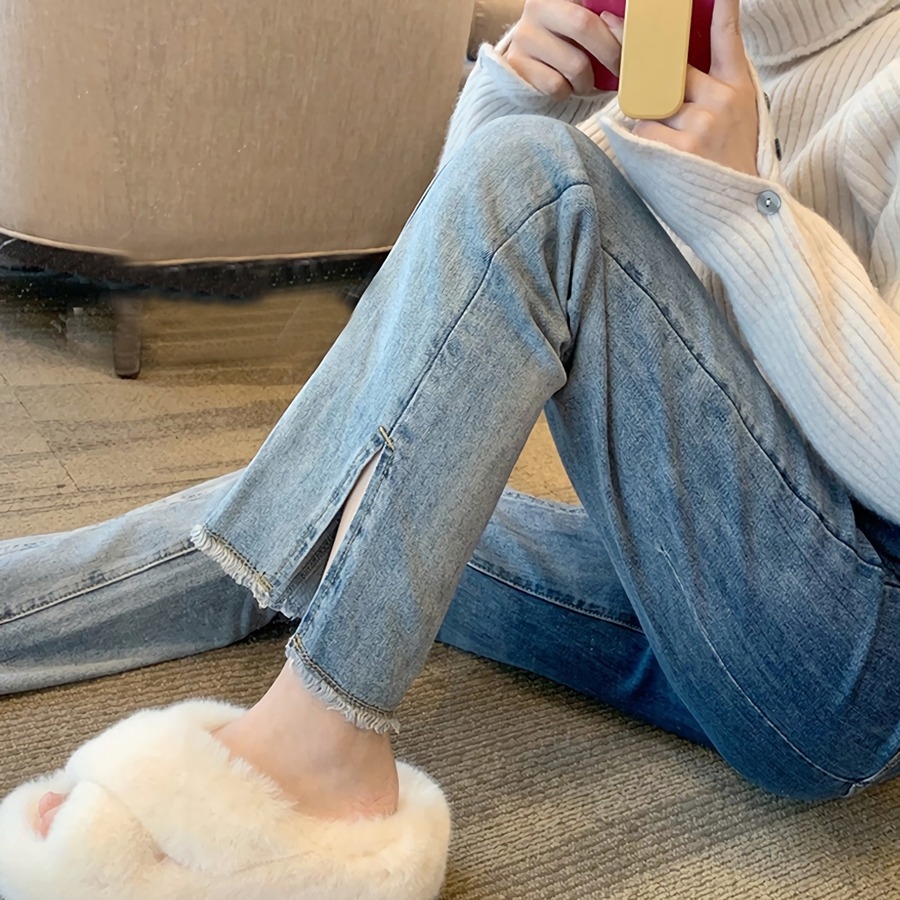 Spring New Pockets Micro-Elastic Gradient Split High Waist Straight Stylish Denim Jeans(Size Run Small) - Vougese