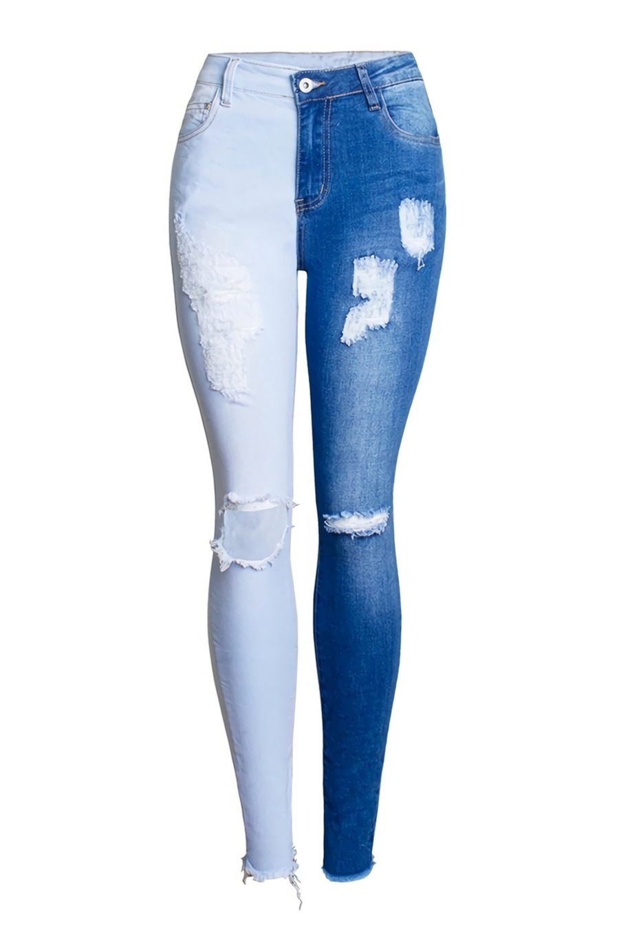 S-4Xl Plus Size Spring New Micro Elastic Contrast Color Spliced Hole Zip-Up Pocket Button Slim Stylish Denim Pants - Vougese