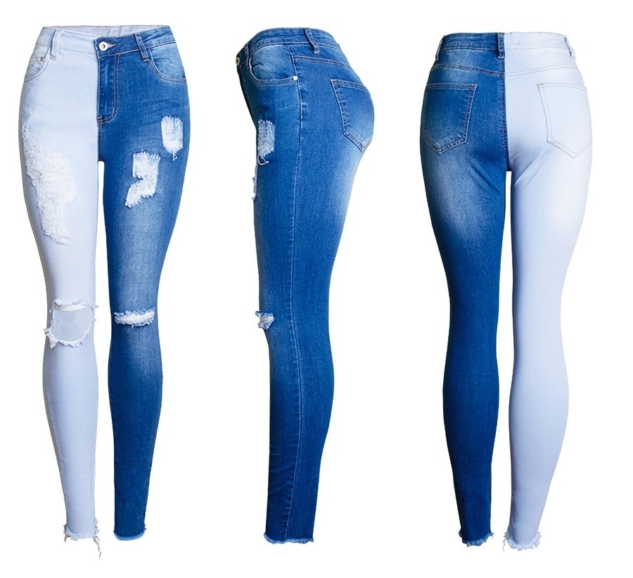 S-4Xl Plus Size Spring New Micro Elastic Contrast Color Spliced Hole Zip-Up Pocket Button Slim Stylish Denim Pants