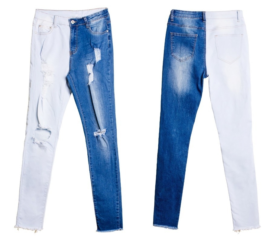 S-4Xl Plus Size Spring New Micro Elastic Contrast Color Spliced Hole Zip-Up Pocket Button Slim Stylish Denim Pants