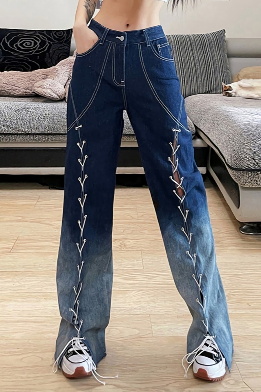 Spring New Inelastic Gradient Lace-Up Hollow Pocket Button Zip-Up High-Waisted Straight Fashion Denim Pants - Vougese