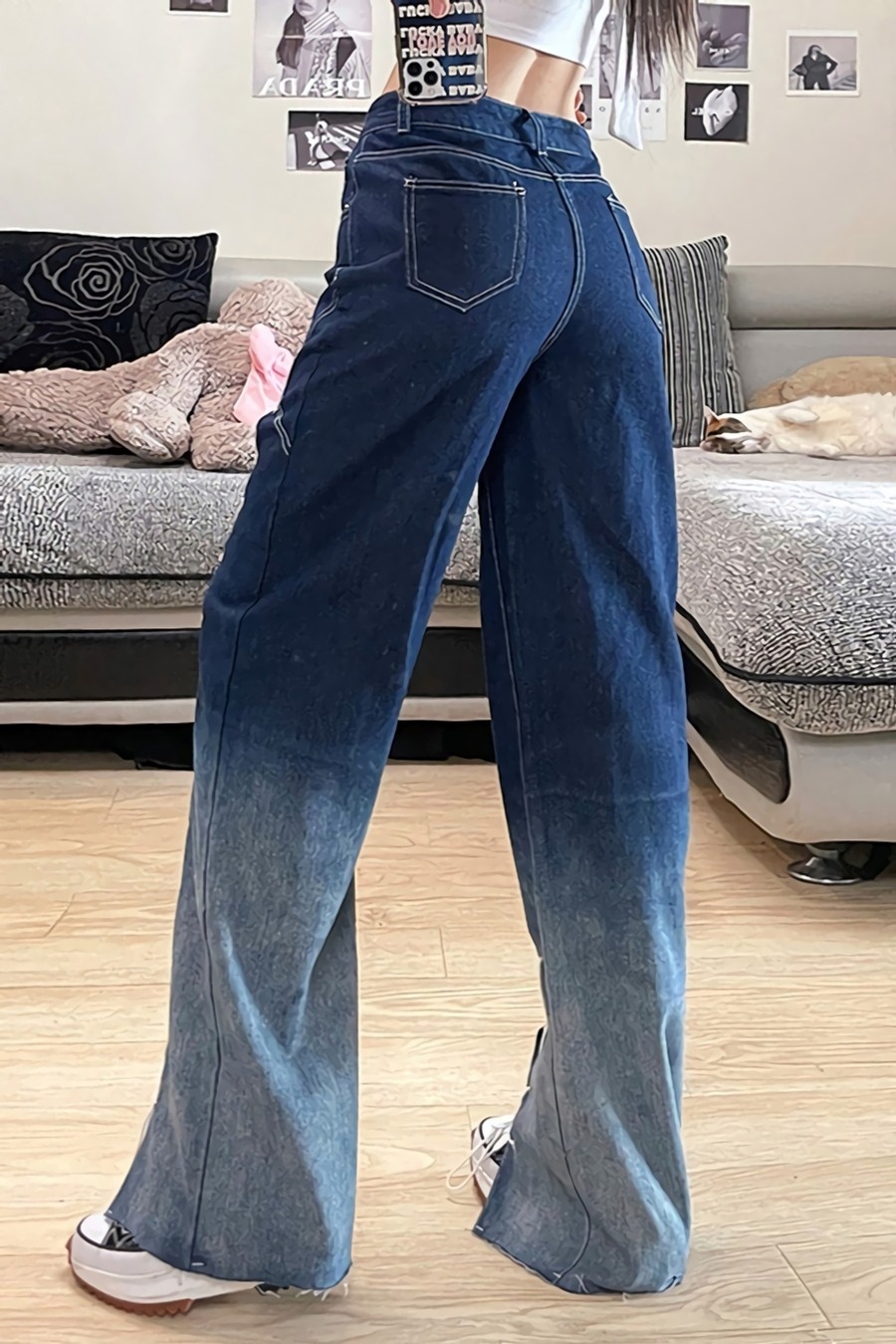 Spring New Inelastic Gradient Lace-Up Hollow Pocket Button Zip-Up High-Waisted Straight Fashion Denim Pants