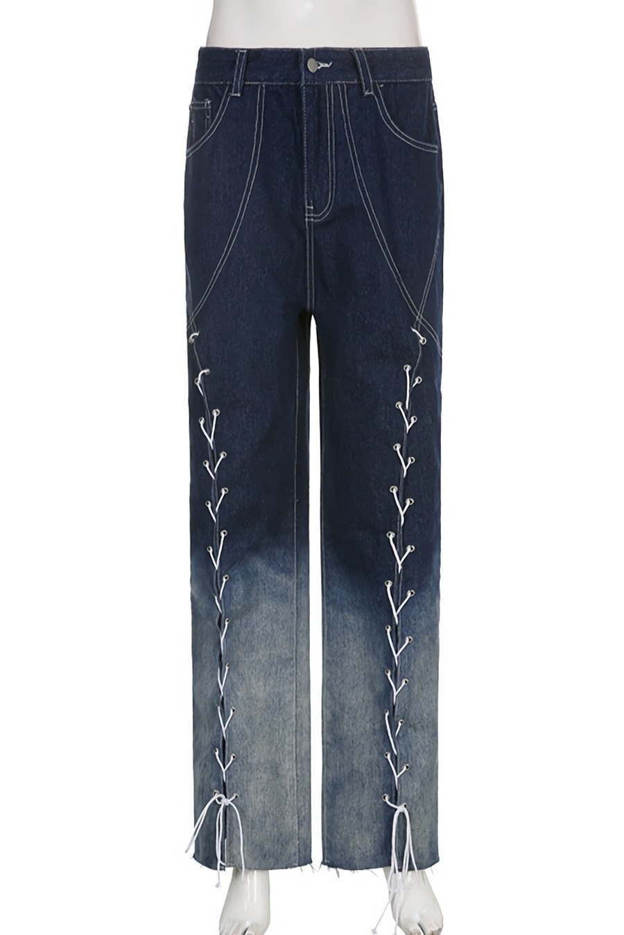 Spring New Inelastic Gradient Lace-Up Hollow Pocket Button Zip-Up High-Waisted Straight Fashion Denim Pants