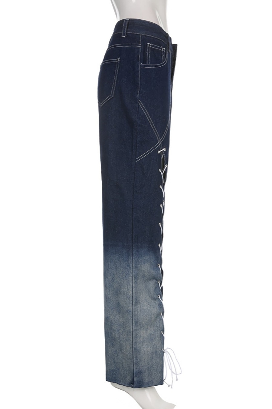 Spring New Inelastic Gradient Lace-Up Hollow Pocket Button Zip-Up High-Waisted Straight Fashion Denim Pants