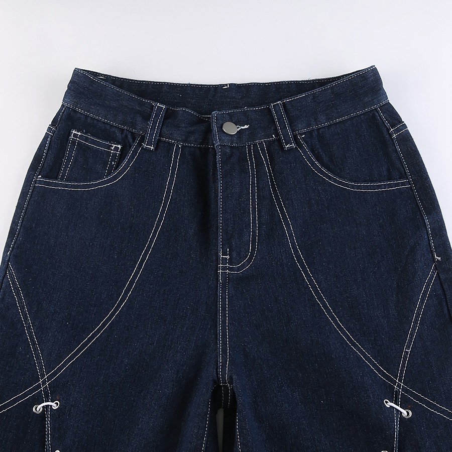 Spring New Inelastic Gradient Lace-Up Hollow Pocket Button Zip-Up High-Waisted Straight Fashion Denim Pants