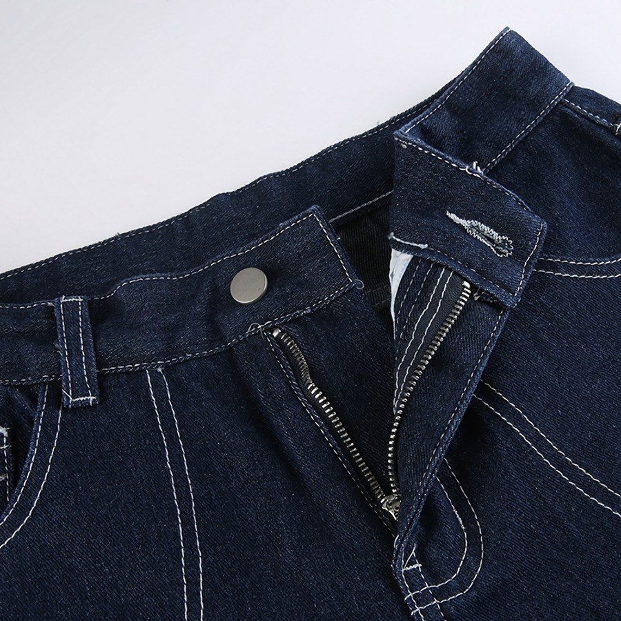 Spring New Inelastic Gradient Lace-Up Hollow Pocket Button Zip-Up High-Waisted Straight Fashion Denim Pants