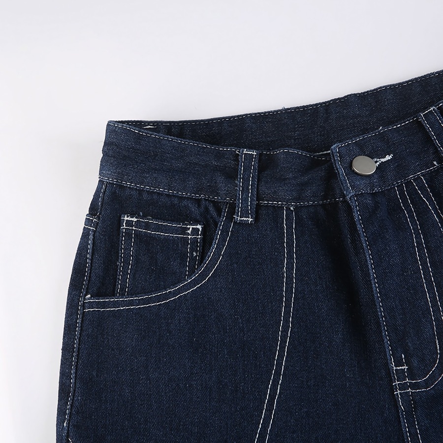 Spring New Inelastic Gradient Lace-Up Hollow Pocket Button Zip-Up High-Waisted Straight Fashion Denim Pants