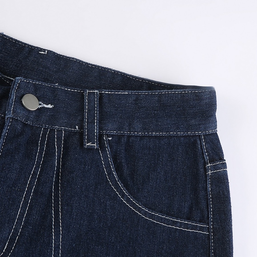 Spring New Inelastic Gradient Lace-Up Hollow Pocket Button Zip-Up High-Waisted Straight Fashion Denim Pants