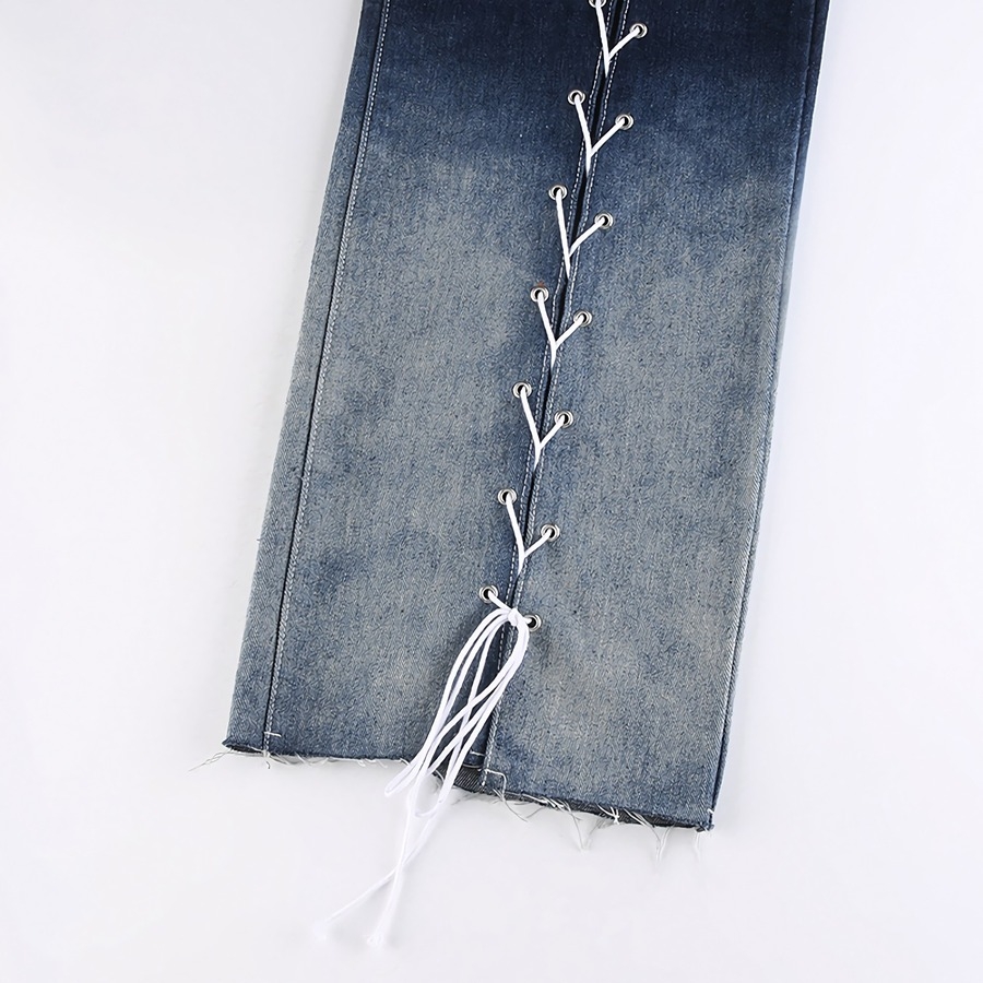 Spring New Inelastic Gradient Lace-Up Hollow Pocket Button Zip-Up High-Waisted Straight Fashion Denim Pants
