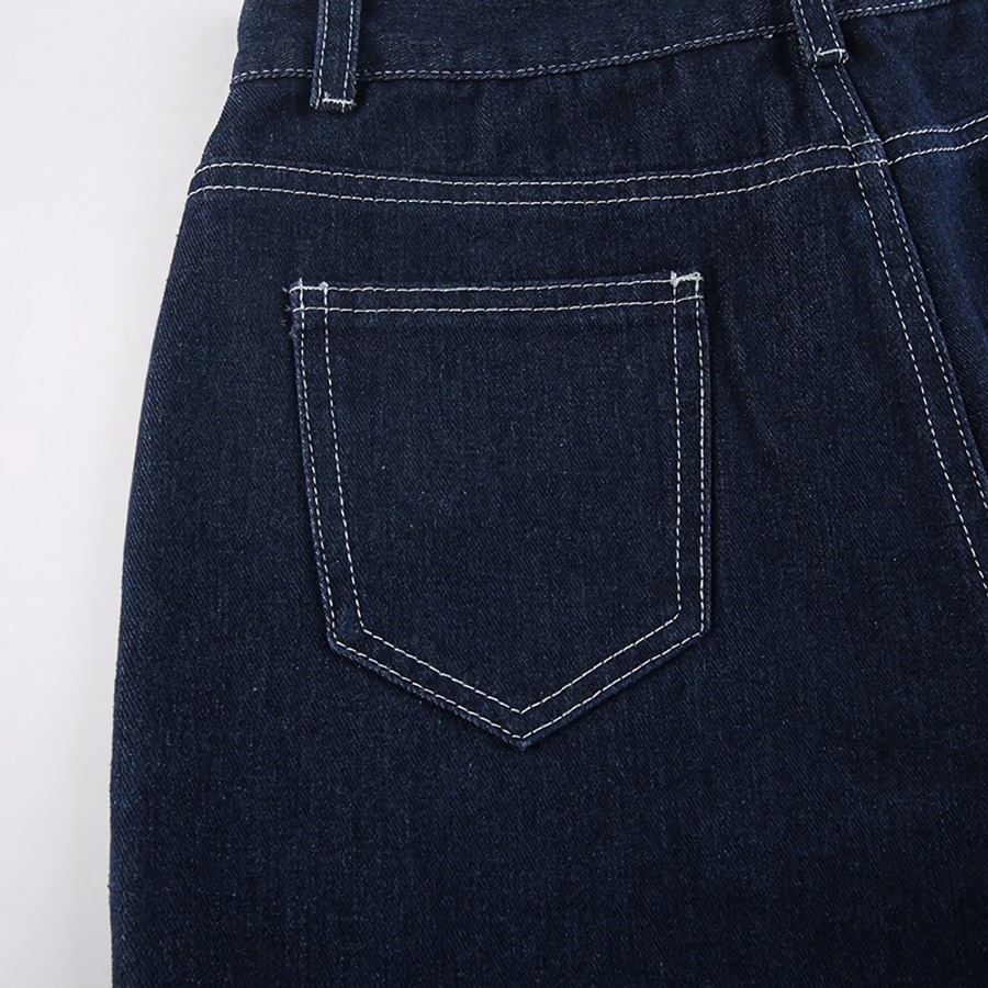 Spring New Inelastic Gradient Lace-Up Hollow Pocket Button Zip-Up High-Waisted Straight Fashion Denim Pants