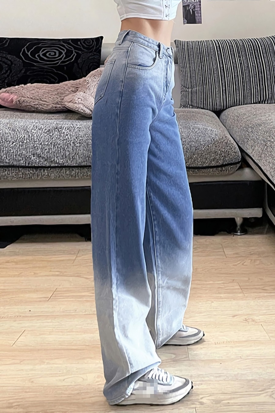 Spring New Stylish Inelastic Gradient Dyed Pocket Button Zip-Up Straight Casual Denim Trousers