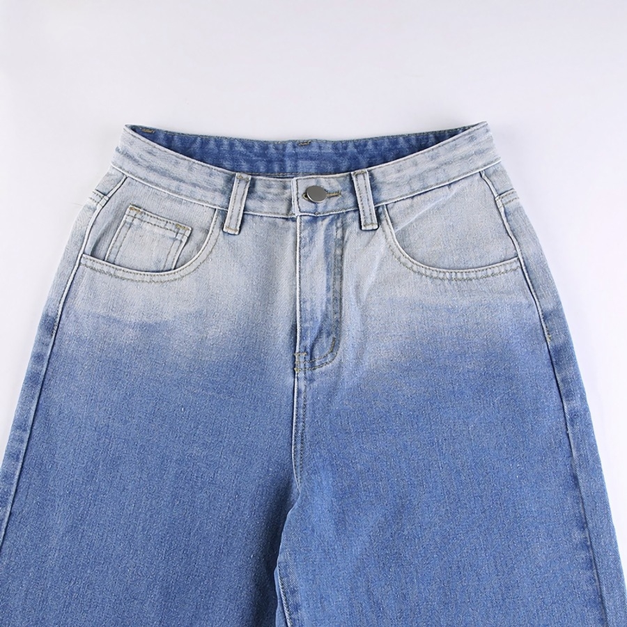 Spring New Stylish Inelastic Gradient Dyed Pocket Button Zip-Up Straight Casual Denim Trousers