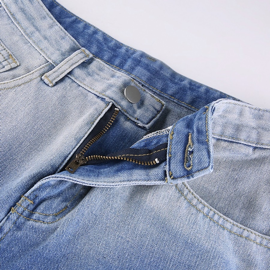 Spring New Stylish Inelastic Gradient Dyed Pocket Button Zip-Up Straight Casual Denim Trousers
