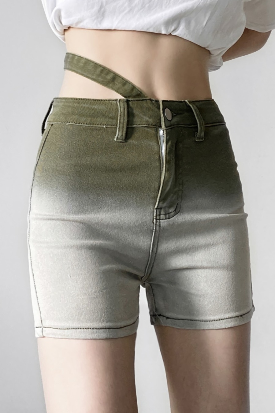Summer New Inelastic Tie-Dyed Printing Belt Button Zip-Up Pocket Slim Stylish Denim Shorts