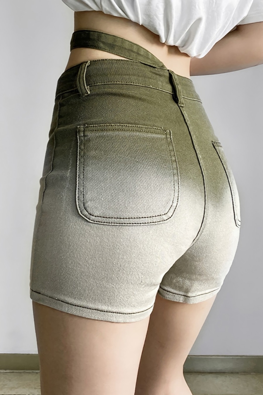 Summer New Inelastic Tie-Dyed Printing Belt Button Zip-Up Pocket Slim Stylish Denim Shorts