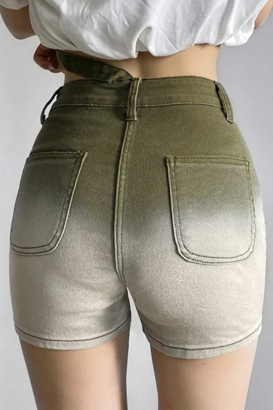 Summer New Inelastic Tie-Dyed Printing Belt Button Zip-Up Pocket Slim Stylish Denim Shorts