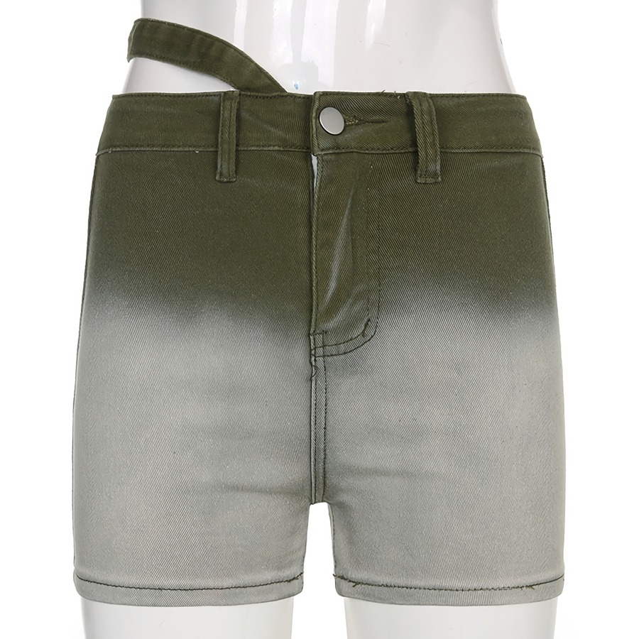 Summer New Inelastic Tie-Dyed Printing Belt Button Zip-Up Pocket Slim Stylish Denim Shorts