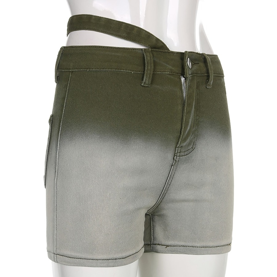 Summer New Inelastic Tie-Dyed Printing Belt Button Zip-Up Pocket Slim Stylish Denim Shorts
