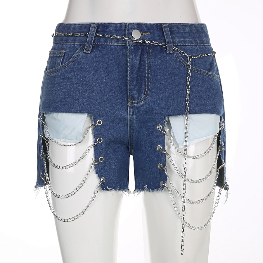 Summer New Stylish Inelastic Solid Color Metal-Chain Hole Pocket Zip-Up Button Slim Sexy Denim Shorts(With Metal-Chain Belt)
