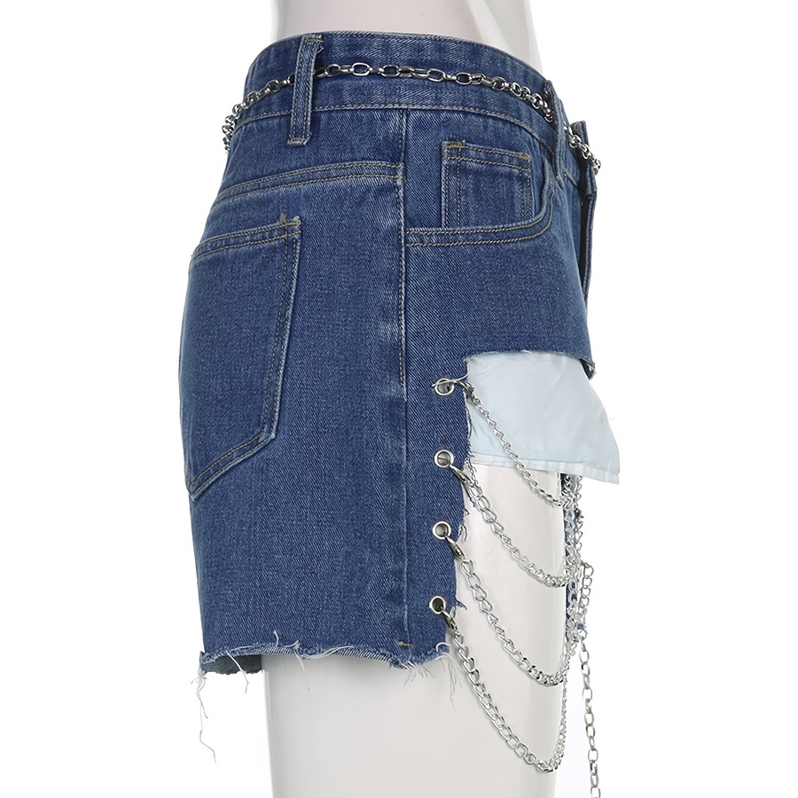 Summer New Stylish Inelastic Solid Color Metal-Chain Hole Pocket Zip-Up Button Slim Sexy Denim Shorts(With Metal-Chain Belt)