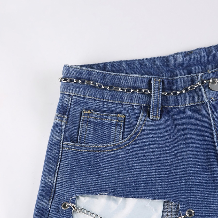 Summer New Stylish Inelastic Solid Color Metal-Chain Hole Pocket Zip-Up Button Slim Sexy Denim Shorts(With Metal-Chain Belt)
