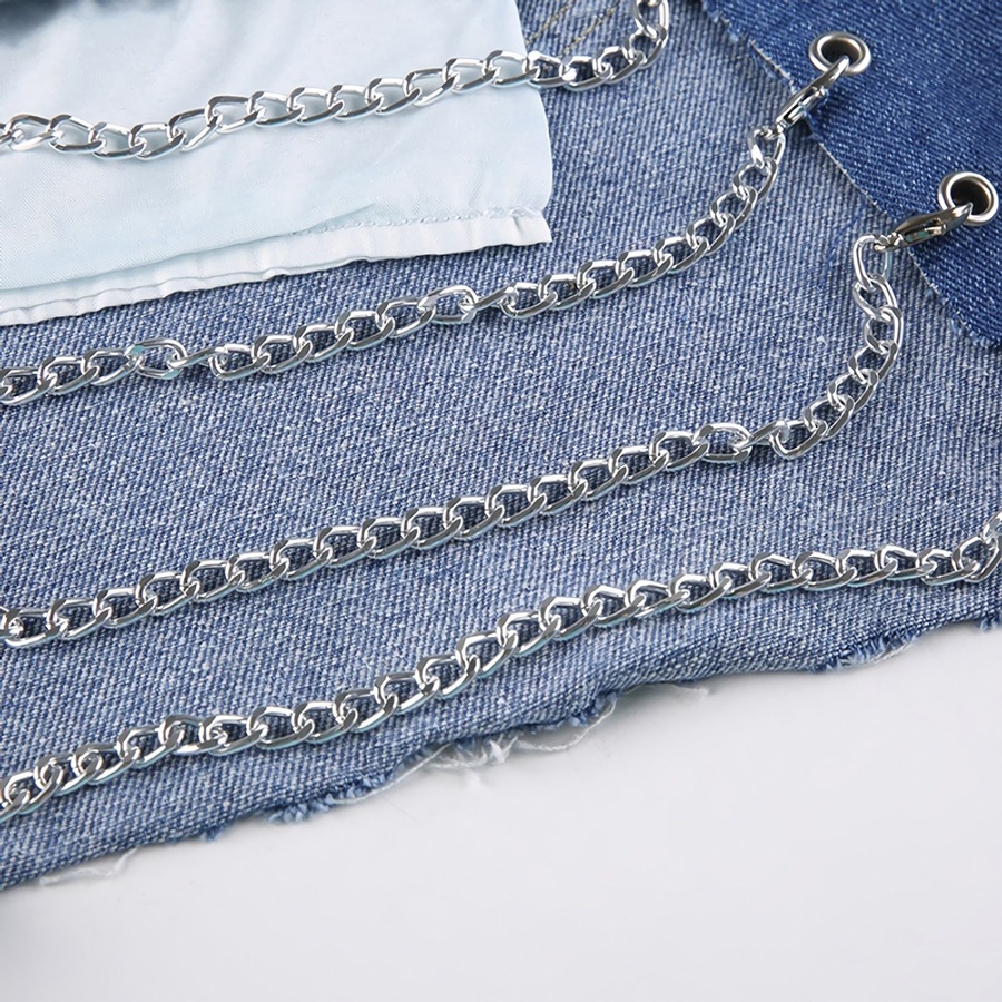 Summer New Stylish Inelastic Solid Color Metal-Chain Hole Pocket Zip-Up Button Slim Sexy Denim Shorts(With Metal-Chain Belt)