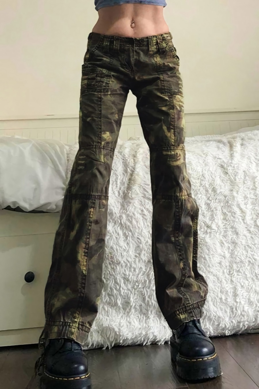 Spring New Inelastic Camo Printing Pocket Zip-Up Button Fashion Denim Pants - Vougese