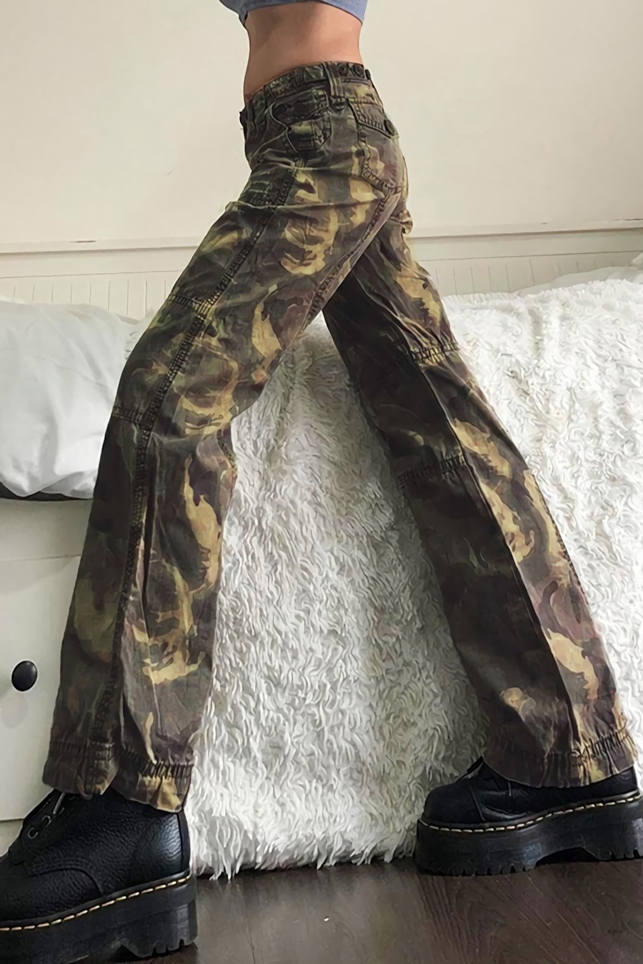 Spring New Inelastic Camo Printing Pocket Zip-Up Button Fashion Denim Pants