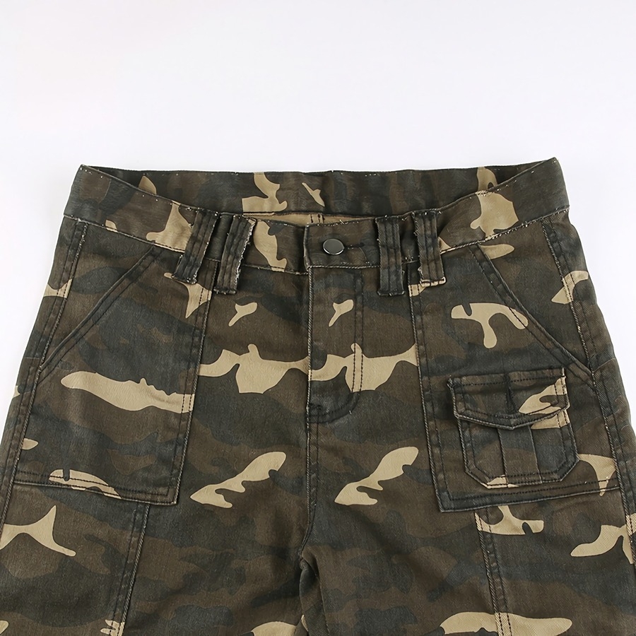 Spring New Inelastic Camo Printing Pocket Zip-Up Button Fashion Denim Pants