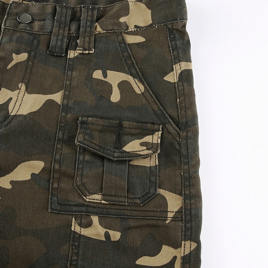 Spring New Inelastic Camo Printing Pocket Zip-Up Button Fashion Denim Pants