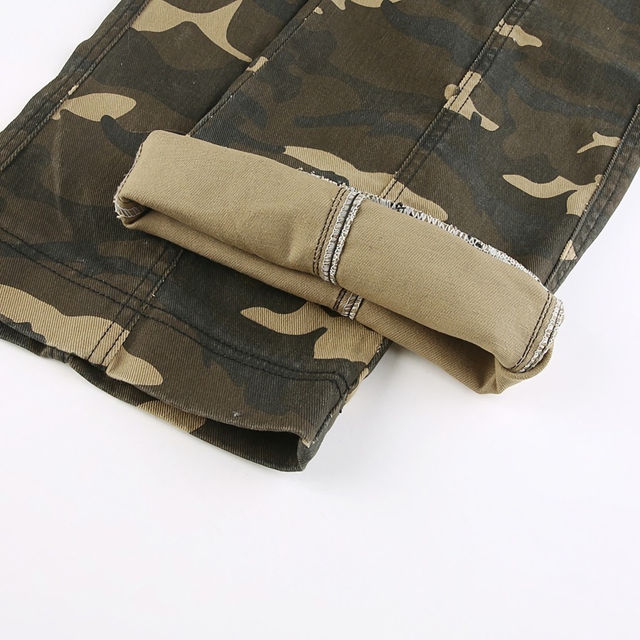 Spring New Inelastic Camo Printing Pocket Zip-Up Button Fashion Denim Pants