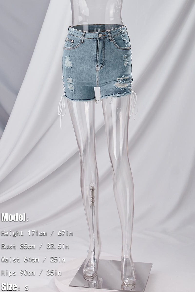 Xs-L Summer New Micro-Elastic Holes Eyelet Tied Pockets Button Zip-Up Stylish All-Match Denim Shorts Xs-L Summer New Micro-Elastic Holes Eyelet Tied Pockets Button Zip-Up Stylish All-Match Denim Shorts