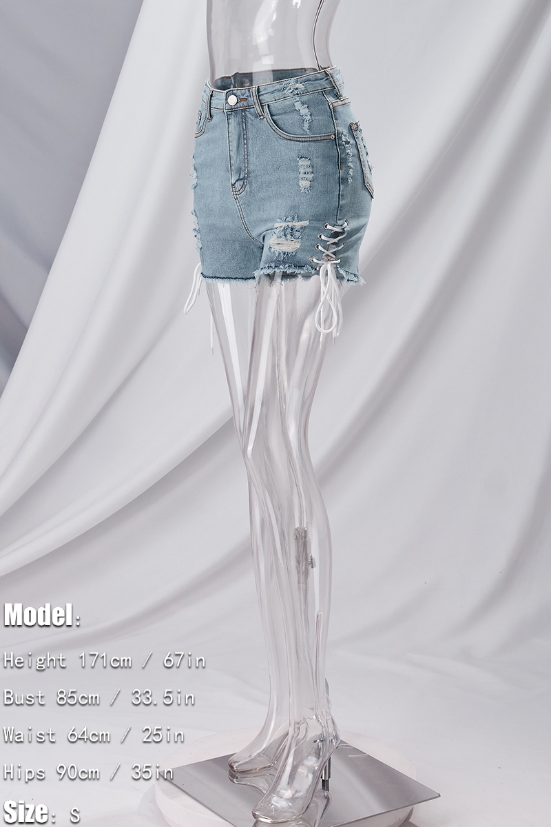 Xs-L Summer New Micro-Elastic Holes Eyelet Tied Pockets Button Zip-Up Stylish All-Match Denim Shorts Xs-L Summer New Micro-Elastic Holes Eyelet Tied Pockets Button Zip-Up Stylish All-Match Denim Shorts
