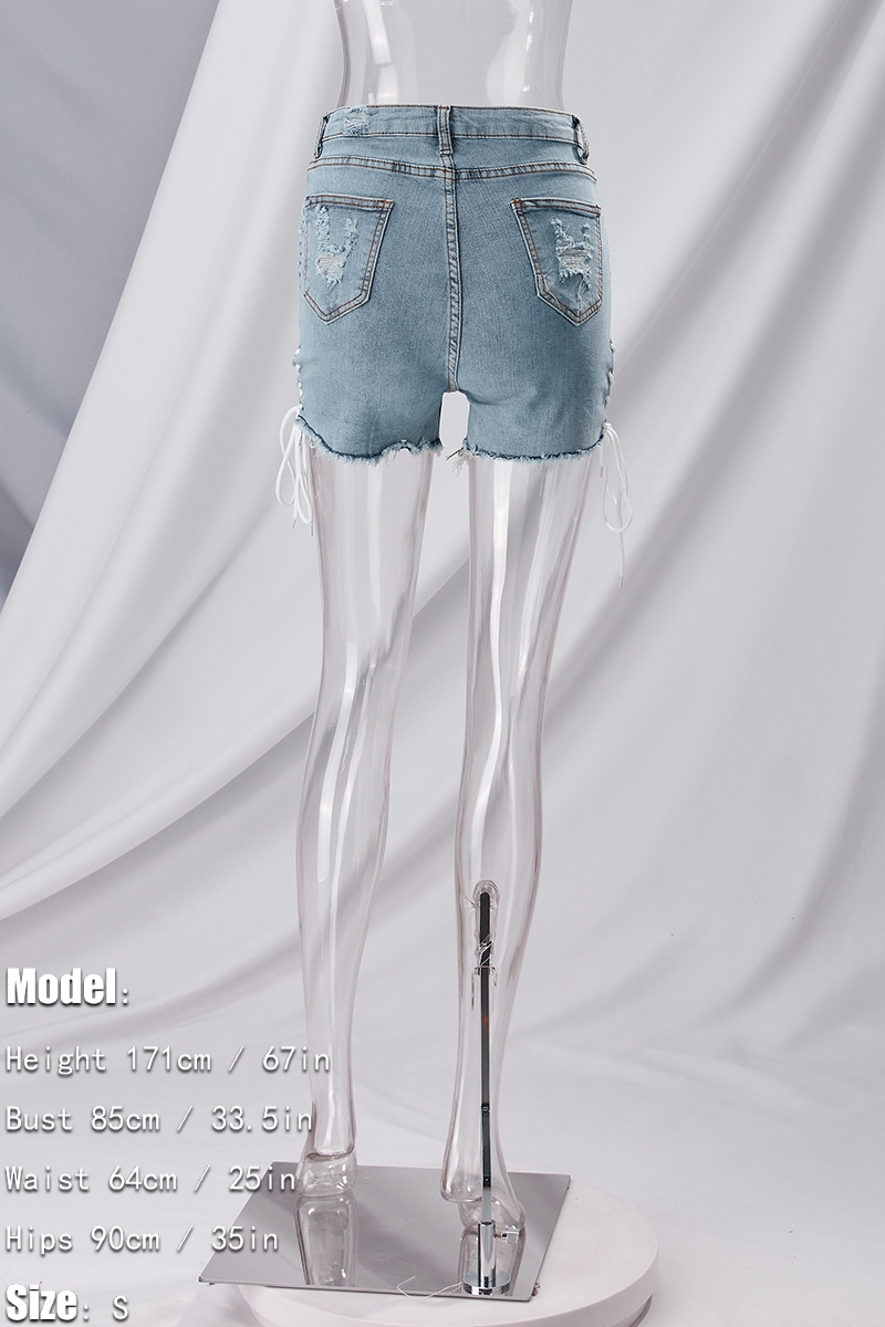 Xs-L Summer New Micro-Elastic Holes Eyelet Tied Pockets Button Zip-Up Stylish All-Match Denim Shorts Xs-L Summer New Micro-Elastic Holes Eyelet Tied Pockets Button Zip-Up Stylish All-Match Denim Shorts
