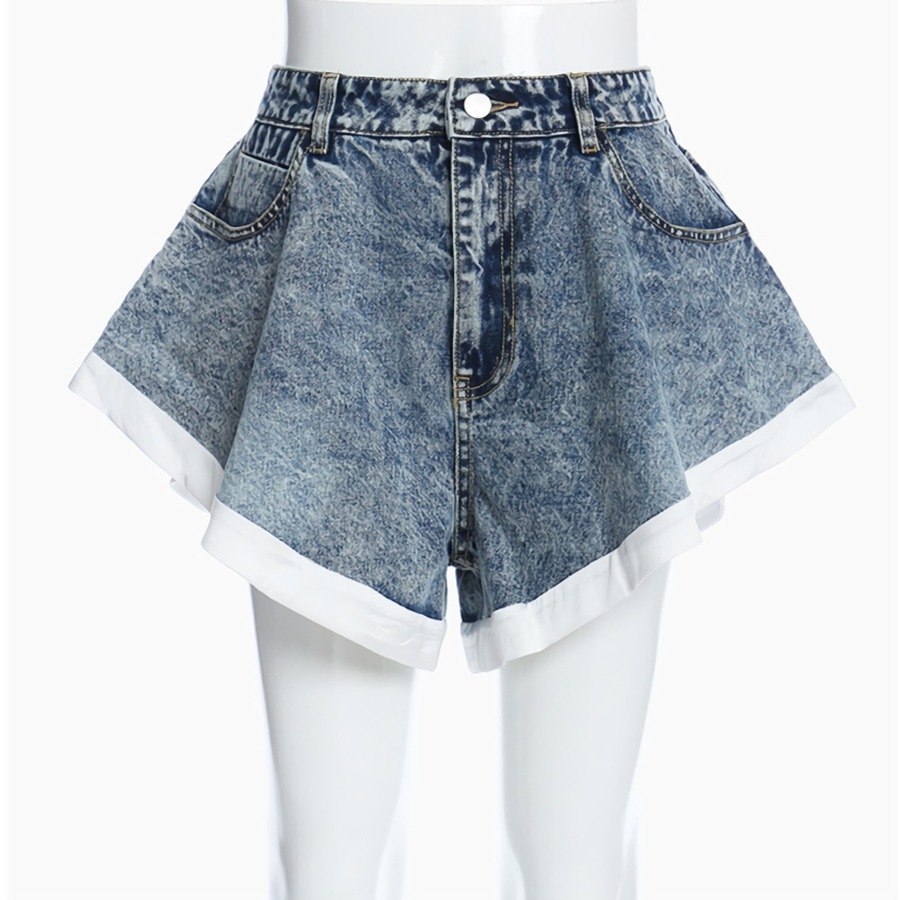 Summer New Micro-Elastic Knit Inner Spliced Pockets Button Zip-Up Stylish High Quality Denim Shorts