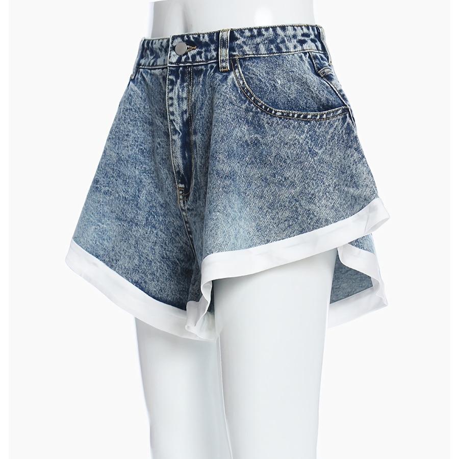 Summer New Micro-Elastic Knit Inner Spliced Pockets Button Zip-Up Stylish High Quality Denim Shorts