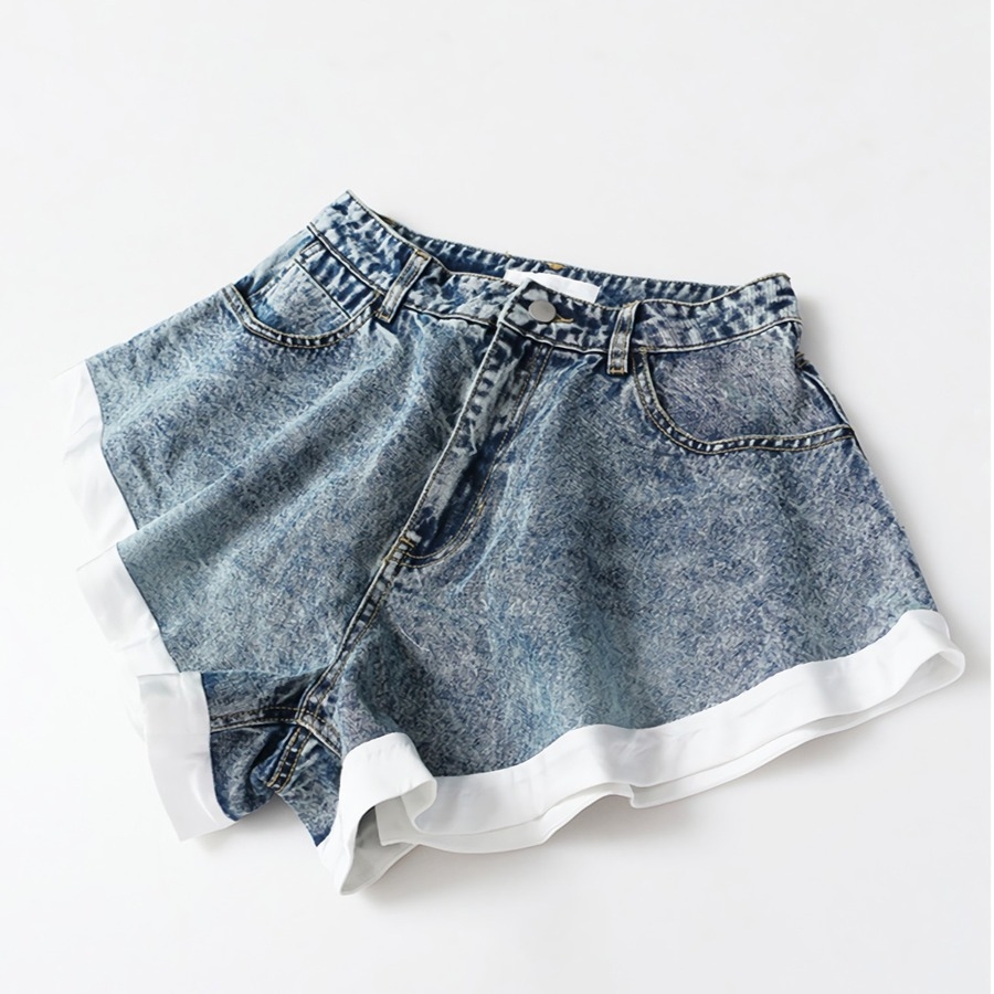 Summer New Micro-Elastic Knit Inner Spliced Pockets Button Zip-Up Stylish High Quality Denim Shorts